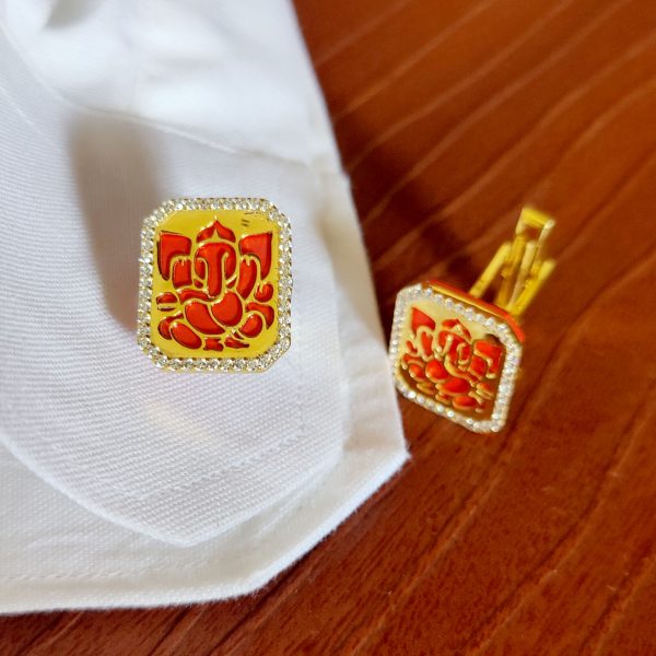 Lord Ganesha Cufflink | Diamond Men's Cufflink | Red Coral Gemstone Cufflinks