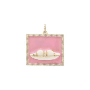 14k Yellow Gold Lips Pendant with Pave Diamond and Pink Enamel