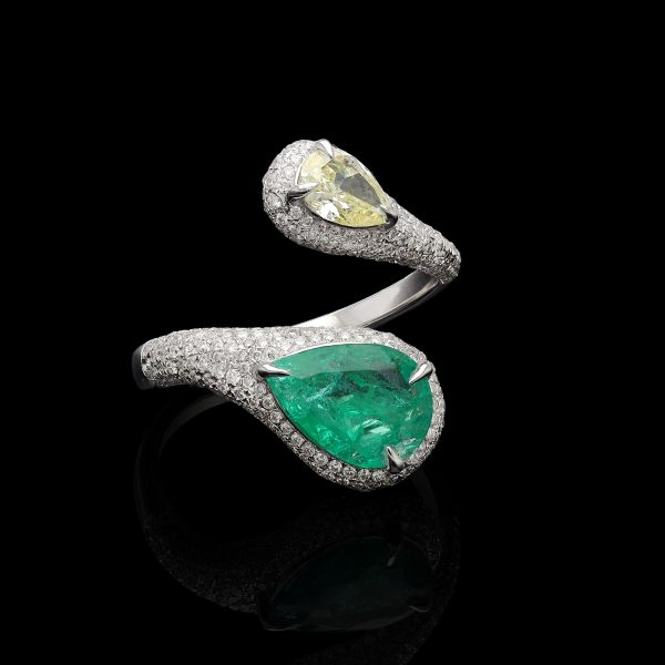 Zambian Emerald and Yellow Diamond Designer Ring in White Gold