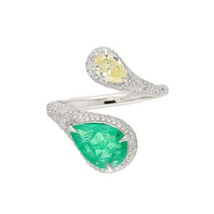 Zambian Emerald and Yellow Diamond Designer Ring in White Gold