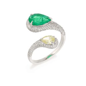 Zambian Emerald and Yellow Diamond Designer Ring in White Gold
