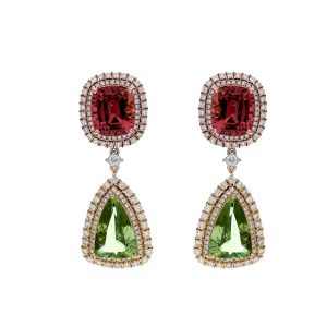 Rare Find Fancy Cut Pink Green Tourmaline Earring 18k Solid Rose Gold, Pave Diamond Earring, Natural Gemstone Bridal Diamond Jewelry For Her