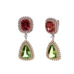 Rare Find Fancy Cut Pink Green Tourmaline Earring 18k Solid Rose Gold, Pave Diamond Earring, Natural Gemstone Bridal Diamond Jewelry For Her